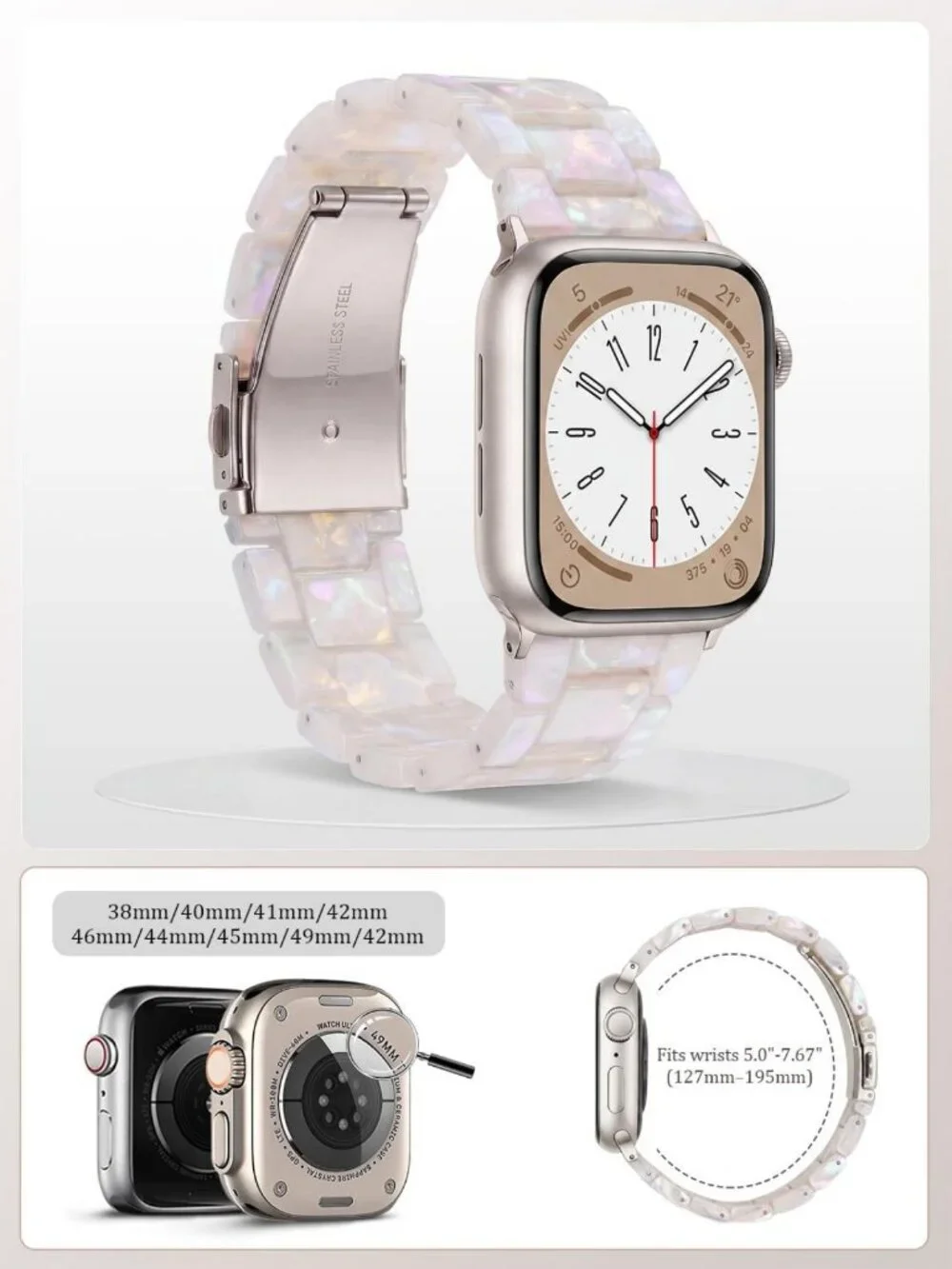 Stylish Lightweight Resin Watch Band for Apple Watch Series 1-11, Aurora White